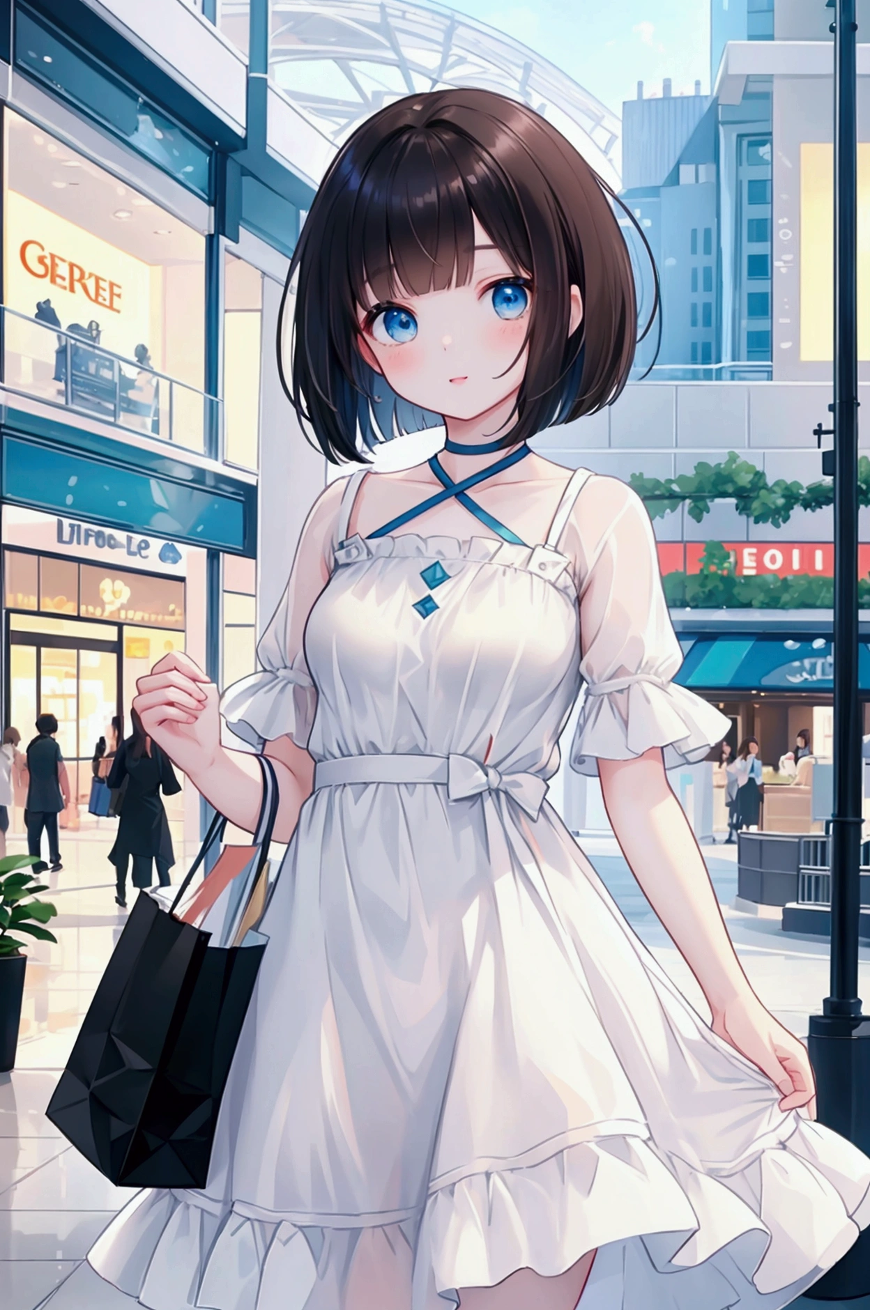 Photorealistic、Highest quality、Highest Resolution、Highest quality、8K、One beautiful woman、Cute face、Bob cut hair、Dark Hair Color、Pale blue eyes、Beautiful breasts、Casual dress、Shopping mall、