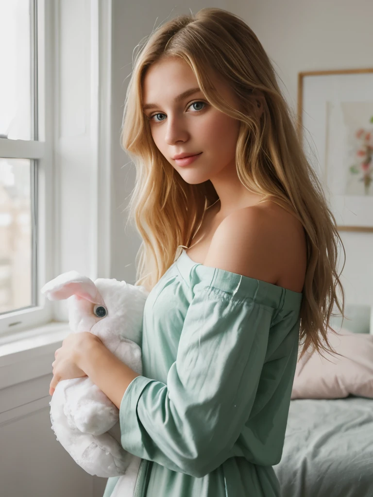 1 girl, 18 years old, hair blonde, greeneyes, long hair, Messy hair, pijamas, beverage, Off The Shoulder, unexpressive, Room, stuffed rabbit, holding a stuffed toy, object hug, work of art, best qualityer,