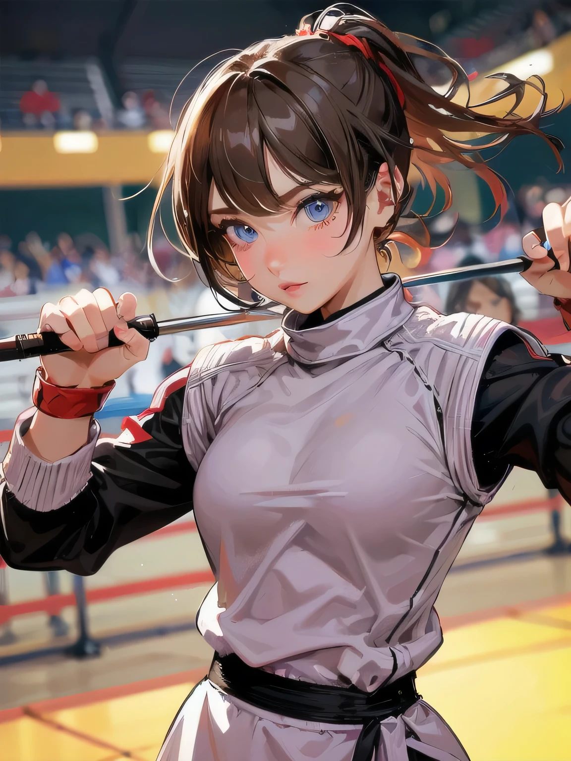 high quality,HD,16K,Sharp lines,1 girl,Female fencer ,Cute face, Large Breasts, Beautiful legs,At the fencing venue,Focus Girl,Detailed beautiful face,Detailed clothes,beautiful eyes,Cool,Dynamic Angle