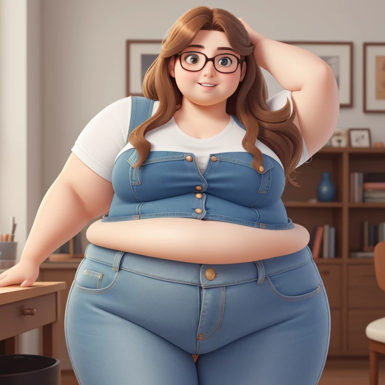 A fat young woman of 19 years old beautiful with long brown hair, and hazel eyes, short and fat ass, glasses, flat chested, wearing denim.