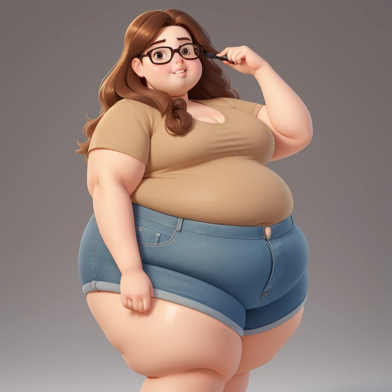 A fat young woman of 19 years old beautiful with long brown hair, and hazel eyes, short and fat ass, glasses, flat chested, wearing denim.