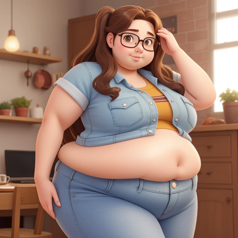 A fat young woman of 19 years old beautiful with long brown hair, and hazel eyes, short and fat ass, glasses, flat chested, wearing denim.