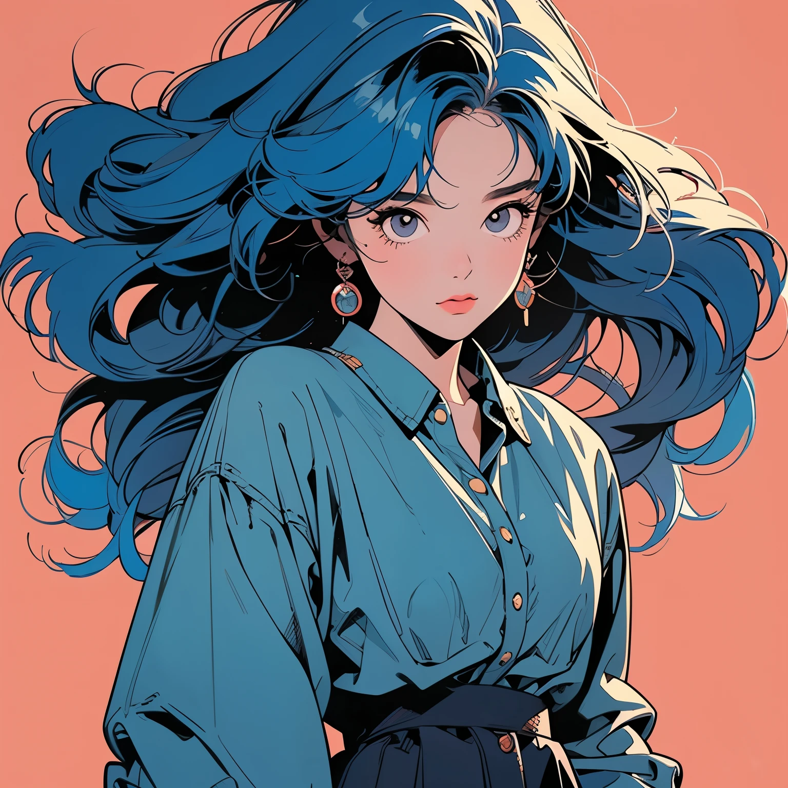 whole body, Upper Body, Messy room, Apartment, 1 girl, 4K, Warm colors , mysterious , skirt, blouse、Faint lighting、Detailed Hair、Perfect Face、80s fashion、retro color、Highest quality、Detailed Background、Complex background、sunset、Blue Hair