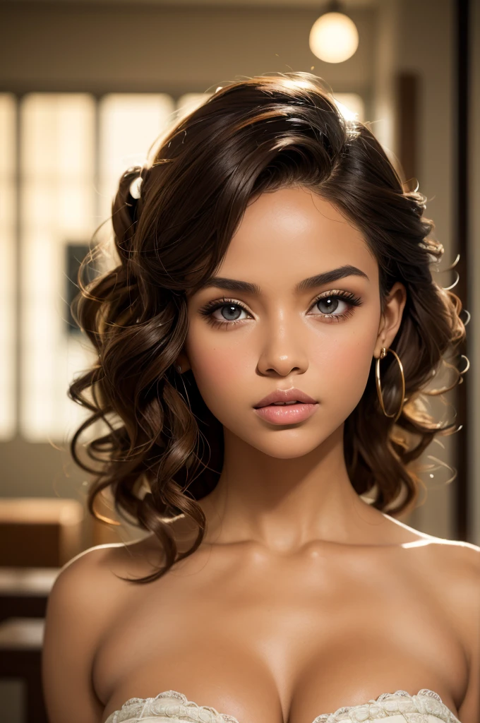 Afro-Latina woman aged 18, mixed-race woman, 1girl, solo, athletic build, tan skin, modest bust size, brown hair, brown eyes, African nose, big lips, long curly hair, tight curls, constricted pupils, Hyperrealism, cinematic lighting, bust chart, perspective, Ultra-Wide Angle, Nikon, masterpiece, high quality, super detail, textured skin, highres, best quality, whole body photo