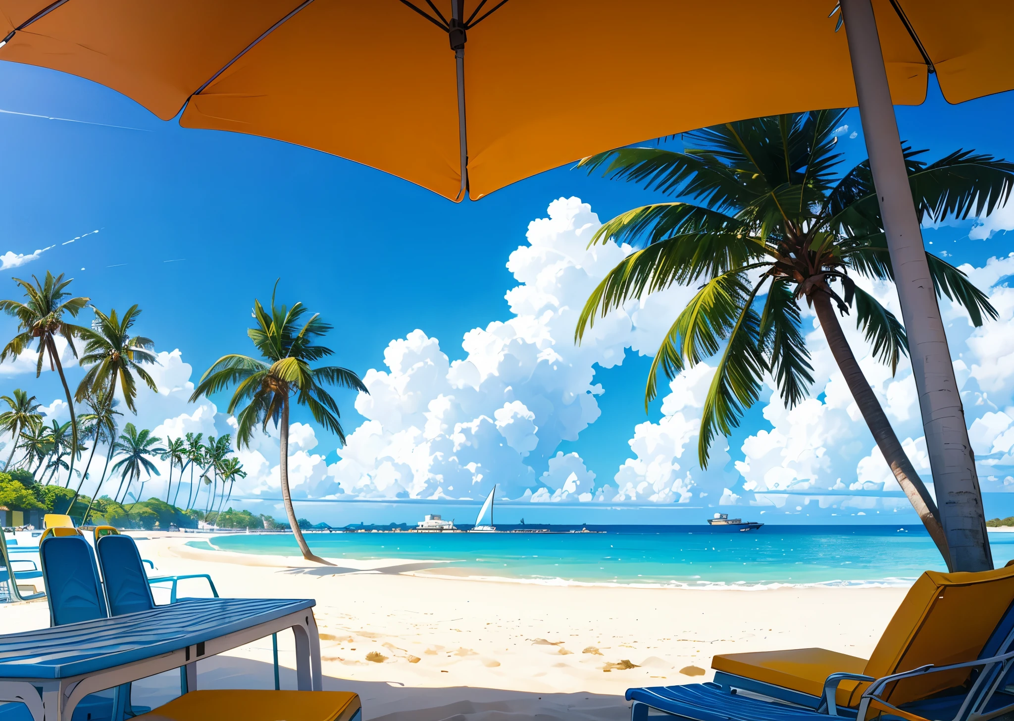 Under the refreshing summer sky, the blue sea and white sandy beach stretch out as far as the eye can see. A round yellow vintage car is parked near the beach, and palm trees are growing nearby.