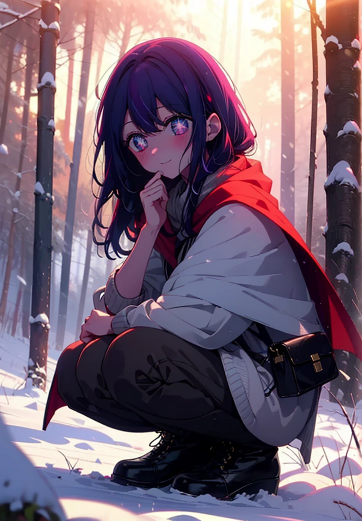 aihoshino, Ai Hoshino, Long Hair, bangs, (Purple eyes:1.1), Purple Hair, (Symbol-shaped pupil:1.5), smile,,smile,blush,white breath,
Open your mouth,snow,Ground bonfire, Outdoor, boots, snowing, From the side, wood, suitcase, Cape, Blurred, , forest, White handbag, nature, Squat, Mouth closed, Cape, winter, Written boundary depth, Black shoes, red Cape break looking at viewer, Upper Body, whole body, break Outdoor, forest, nature, break (masterpiece:1.2), Highest quality, High resolution, unity 8k wallpaper, (shape:0.8), (Beautiful and beautiful eyes:1.6), Highly detailed face, Perfect lighting, Highly detailed CG, (Perfect hands, Perfect Anatomy),