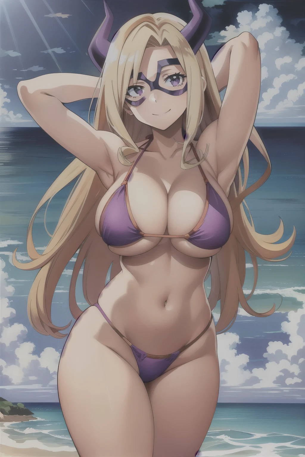 scan, (extremely detailed CG unity 8k wallpaper:1.1), (traditional media:0.9), (sketch:0.9), tracing, ultra-detailed, soft lighting, anime, (1girl), mtladymha, boku no hero academia, long hair, blonde hair, horns, domino mask, large breasts, purple eyes, smile, 1girl, solo, breasts, looking_at_viewer, smile, cleavage, bare_shoulders, collarbone, standing, hands behind head, thick thighs, thong underwear, wide hips, curvy, breasts, large breasts, big breasts, huge breasts, big tits, small bikini, bikini, purple bikini, bare shoulders, bare arms, beach, ocean, underboob, island background, high resolution, beautiful eyes, high quality, ocean background