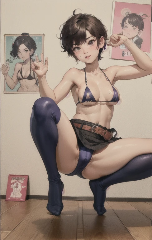 (((Micro bikini that accentuates sexy breasts:1.75)))、(((Sexy knee-highs:1.35)))、((((Emphasizes the sexy crotch:1.35)))、((((Spread your legs wide、Touching the thigh、There is a lot of pubic hair showing off the crotch、large pointy breasts))))、((Boyfriend and girlfriend having sex in missionary position:1.5))、((Sexual pose:1.5))、((Spread legs POV:1.5))、、Browsing Caution、（Humans are biologically correct、references） 、 lose extra limbsslim limbsextra numbersmutated hands and finger fusionfingersslim bad handslong necklong body anatomybad deformationbad deformation no extra breasts、Not Futanari、1 girl,department_old,beautiful,beautiful青い目、Detail of freckles on cheeks and nose , Small Nose , beautiful笑顔 ,Shiny short hair , Light brown hair , Pixie Cut ,See through the fur,Hair between the eyes, CCCP Cartel, Poster de hermosa modelo adolesente, Poster ,old grandes  , , Side light, reflection, People dressed in grunge clothes , A purple sleeveless T-shirt with an image of a skull , White Belt , Image of a checkered lilac skirt, Extend your right hand, His right hand gently touches her waist , Sexy poses for photos , Playing electric guitar , Full body in photo