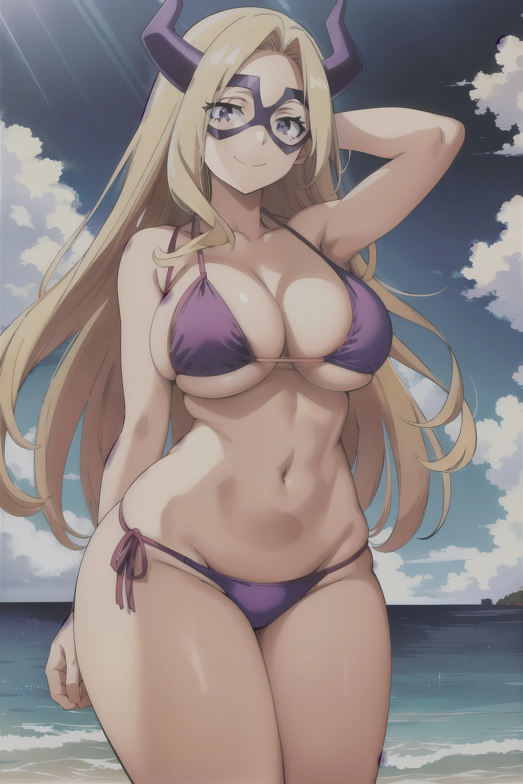 scan, (extremely detailed CG unity 8k wallpaper:1.1), (traditional media:0.9), (sketch:0.9), tracing, ultra-detailed, soft lighting, anime, (1girl), mtladymha, boku no hero academia, long hair, blonde hair, horns, domino mask, large breasts, purple eyes, smile, 1girl, solo, breasts, looking_at_viewer, smile, cleavage, bare_shoulders, collarbone, standing, hands behind head, thick thighs, thong underwear, wide hips, curvy, breasts, large breasts, big breasts, huge breasts, big tits, small bikini, bikini, purple bikini, bare shoulders, bare arms, beach, ocean, underboob, island background, high resolution, beautiful eyes, high quality, ocean background