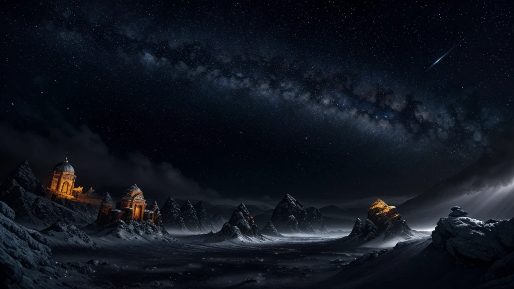 a celestial scene, an ethereal fantasy landscape, Cassiopeia and King Cepheus of Ethiopia, dramatic lighting, cinematic composition, richly detailed, muted color palette, chiaroscuro, dramatic shadows, intricate celestial patterns, swirling nebulae, glowing stars, ornate golden throne, regal attire, crown, scepter, serene expression, contemplative pose, dramatic atmosphere, masterfully painted, oil painting, hyper realistic, 8k, high resolution, photorealistic