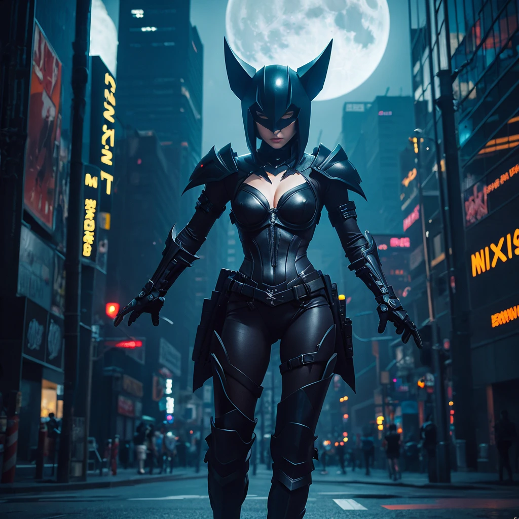 Cubism. Cyberpunk. Full body pictures. Looking at the camera. The background is darkness and a big full moon. Mobius style. Sculpture of dark knight heroine wearing dark armor.