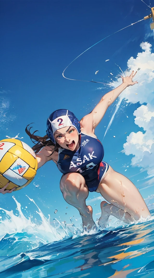  high quality,HD,16k,sharp lines,1 girl,Female water polo athlete ,cute face, large breasts, nice legs,At the water polo venue,focus girl,detailed beautiful face,detailed clothes,beautiful eyes,cool,dynamic angle Depict a group of characters in different action scenes, from intense battles to joyous moments, with dramatic lines of speed and bold sound effects, capturing the excitement and energy of the story, palm laser beams, Attack forward with the palm of your hand, Yellowstone Park, Grand Canyon,