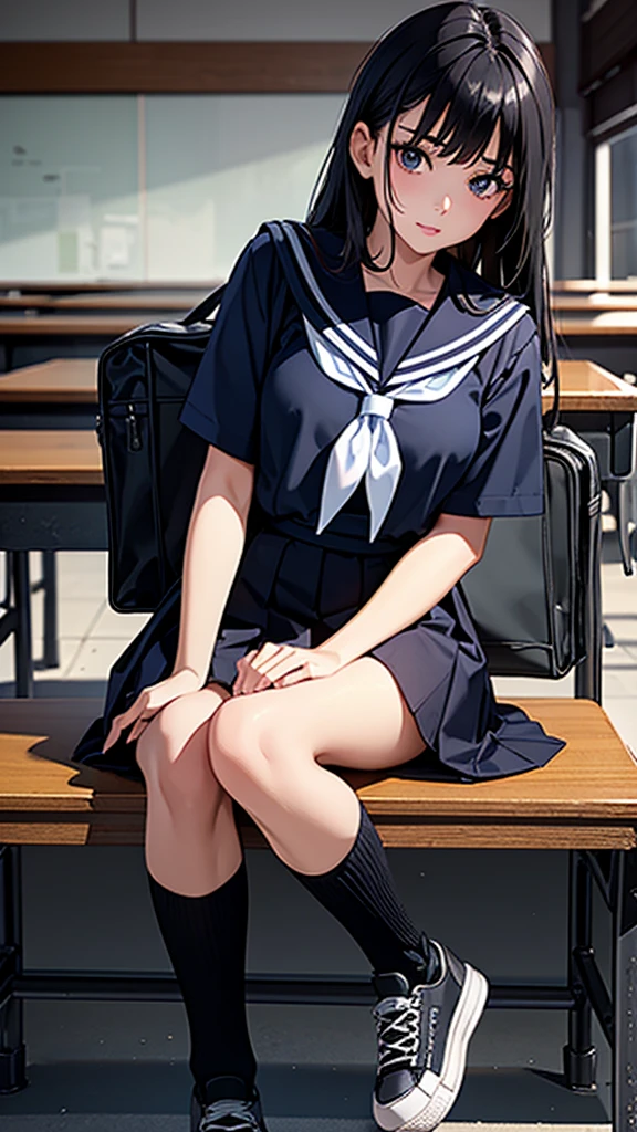 Beautiful attention to detail, Beautiful lip detail, Very detailed目と顔, Long eyelashes, 1 girl, Face close-up, inside the School, In the classroom, 18-year-old, Sweat, Dark skin, (Black hair Sauvage),dissatisfaction, Sulky, Sailor suit, Dark Blue, White shirt, Short sleeve, School, Dark Blue Skirt, Black Skirt, Knee-high socks, sneakers, School bag, Highest quality, 4K, 8k, High resolution, masterpiece:1.2, Very detailed, Realistic, photoRealistic, photo-Realistic:1.37, High resolution, 超High resolution, Studio Lighting, Ultra-fine painting, Sharp focus, Physically Based Rendering, Very detailed説明, Professional, Vibrant colors, Bokeh, Portraiture