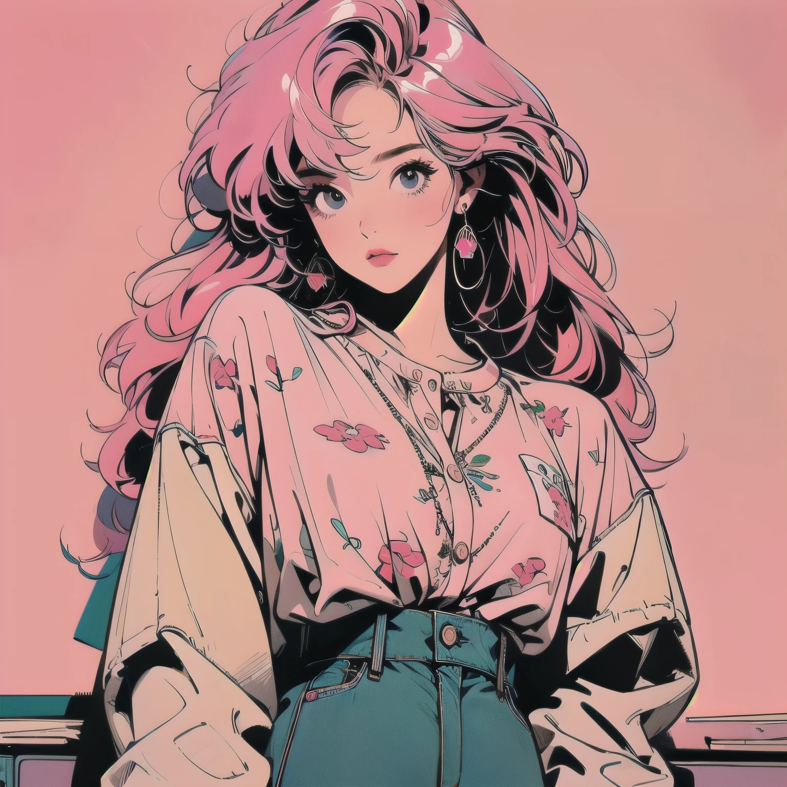 whole body, Upper Body, Messy room, Apartment, 1 girl, 4K, Warm colors , mysterious , skirt, blouse、Faint lighting、Detailed Hair、Perfect Face、80s fashion、retro color、Highest quality、Detailed Background、Complex background、sunset、Pink Hair