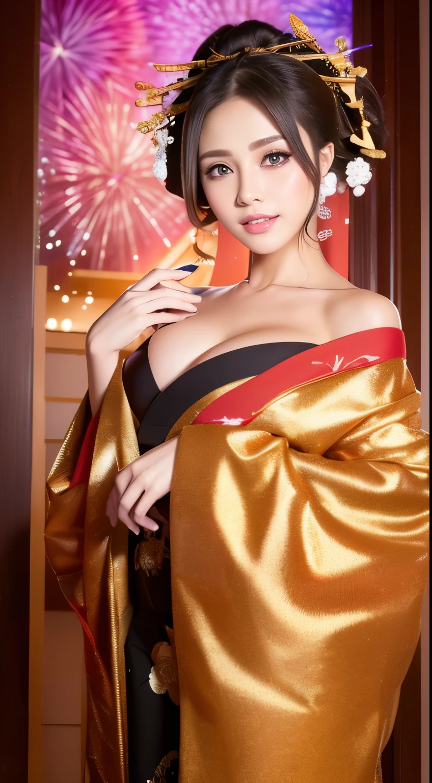 ((masterpiece(:1.4)，Highest quality，Ultra-high resolution，Highest quality，8k，Extremely detailed，In detail))。night，Fireworks display，Japanese，A beautiful woman，slim，Large Breasts(1.6)，sexy，glamorous，Flashy gal makeup，Oiran，Long-sleeved kimono，Uchikake，Gold brocade，Sunny clothes，Hair tying，hairpin，hair ornaments，geta，Oiran道中，Gorgeous and luxurious，(Fireworks displayのnightに河川敷で花火を背景にしたスナップ写真)，Accentuate your chest，Show your shoulderove the dress up to the shoulders，