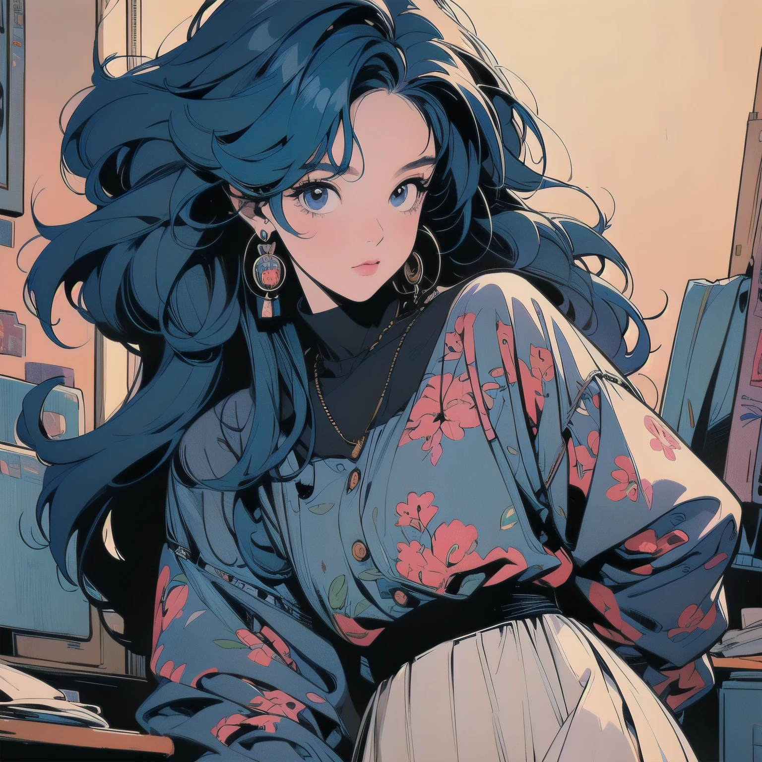 whole body, Upper Body, Messy room, Apartment, 1 girl, 4K, Warm colors , mysterious , skirt, blouse、Faint lighting、Detailed Hair、Perfect Face、80s fashion、retro color、Highest quality、Detailed Background、Complex background、sunset、Blue Hair、anime