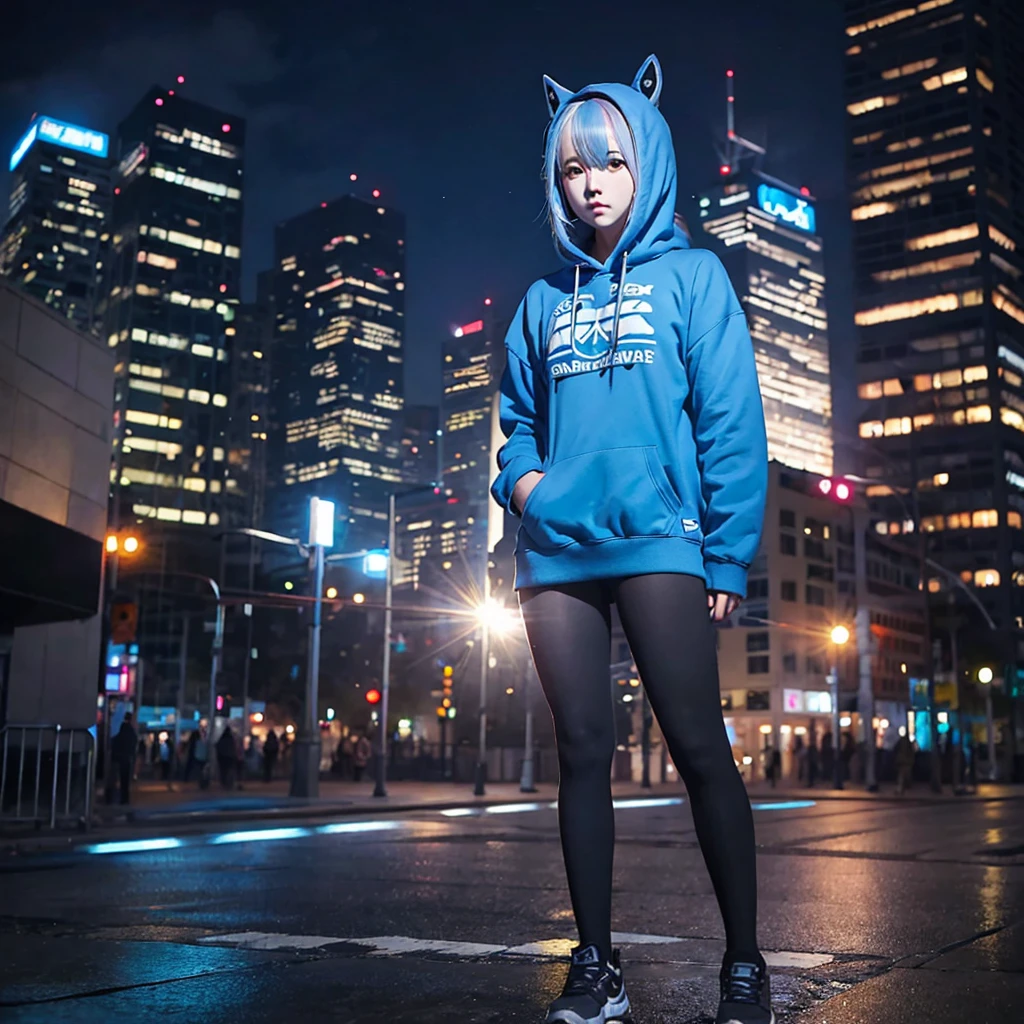 Blue hair in anime illustration、Wear a hoodie and black tights