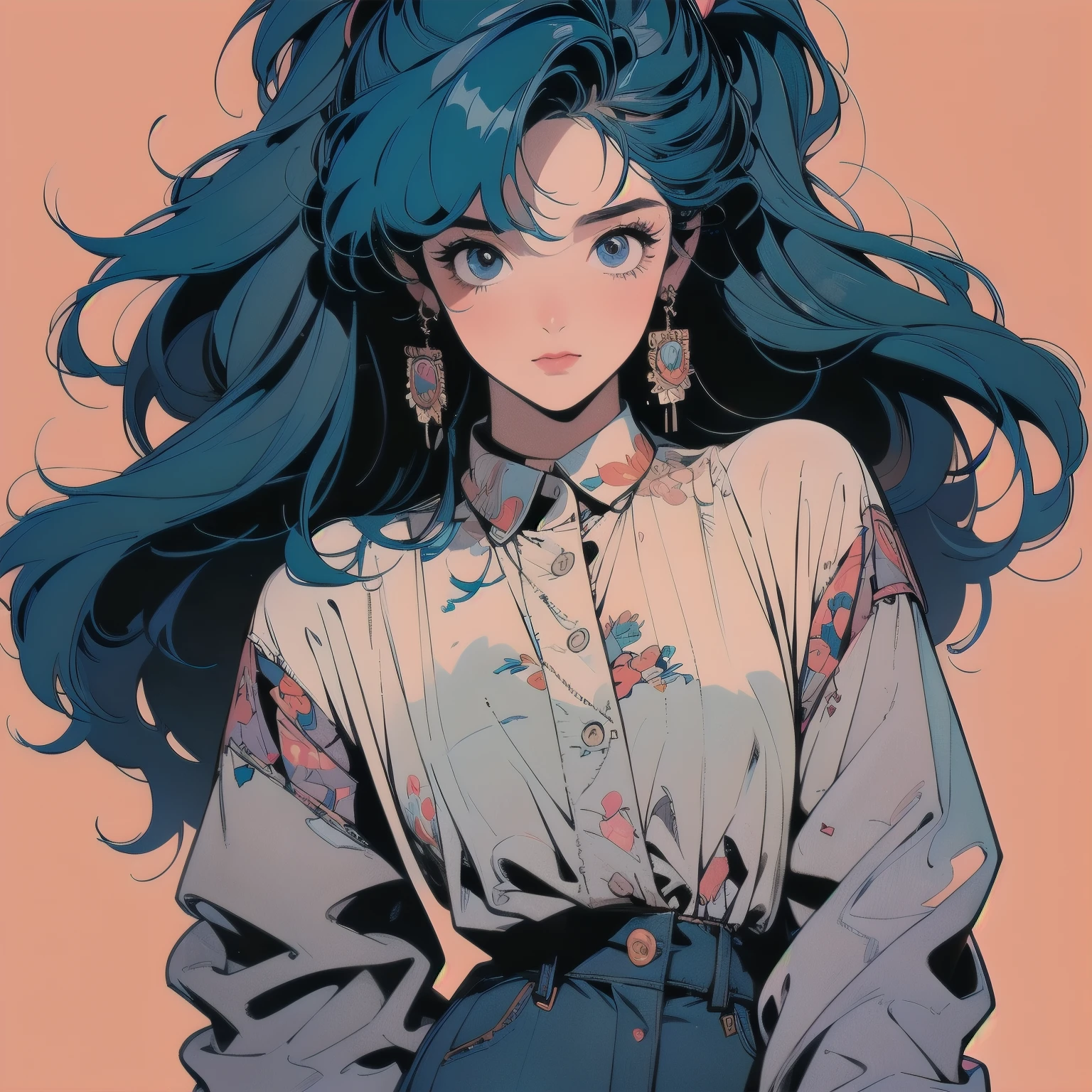 whole body, Upper Body, Messy room, Apartment, 1 girl, 4K, Warm colors , mysterious , skirt, blouse、Faint lighting、Detailed Hair、Perfect Face、80s fashion、retro color、Highest quality、Detailed Background、Complex background、sunset、Blue Hair、anime