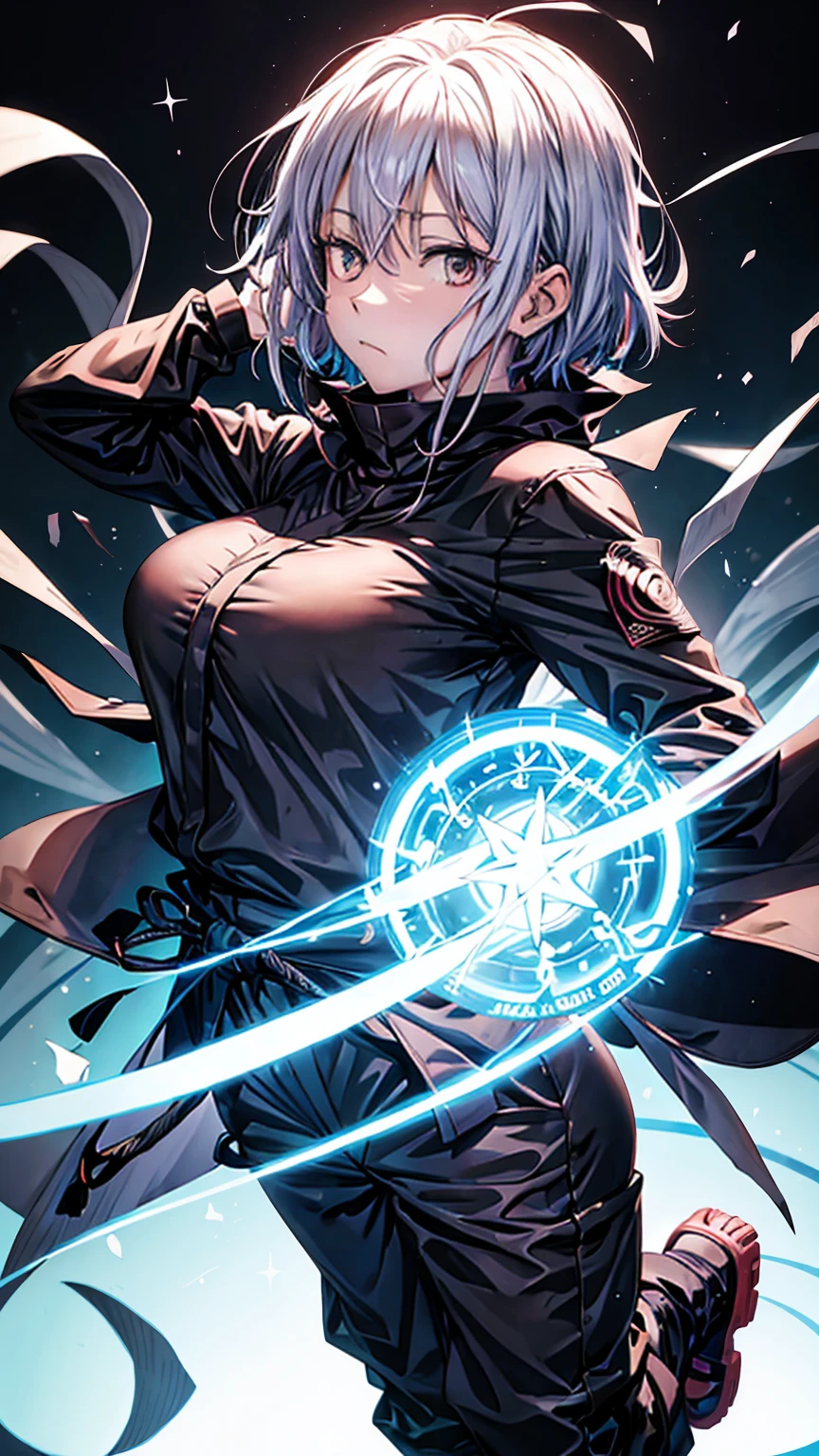 photo of an anime character in the series. manga from(Jujutsu kaisen) named "fusiguro megumi" with her Jujutsu kaise shirt, black and black Jujutsu kaisen pants, and with a black background, and a line of white light shining in a circle above her head. accompany the enveloping religious effect of sparkling light.