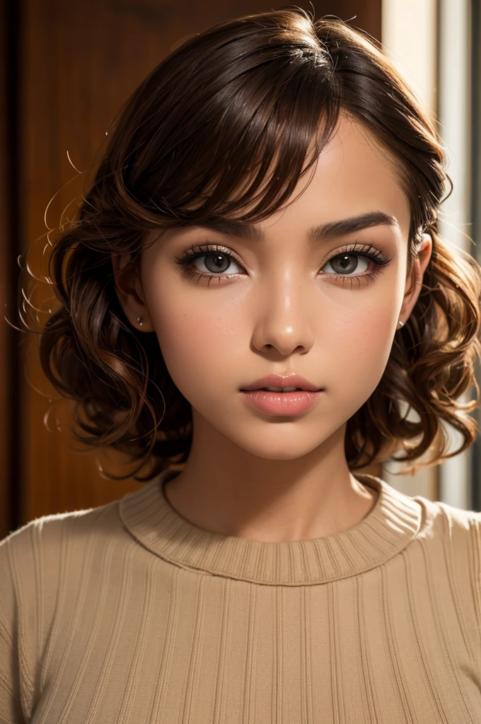 Afro-Latina woman aged 18, mixed-race woman, 1girl, solo, athletic build, tan skin, modest bust size, brown hair, brown eyes, African nose, big lips, long curly hair, tight curls, constricted pupils, wearing a brown sweater, Hyperrealism, cinematic lighting, bust chart, perspective, Ultra-Wide Angle, Nikon, masterpiece, high quality, super detail, textured skin, highres, best quality, whole body photo