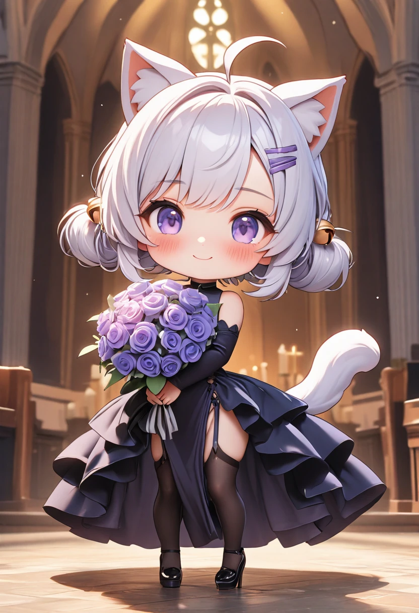 master piece, best quality, ultra-detailed, illustration, 1girl, solo, chibi, (big head), cute pose, front view, looking at viewer, ((Close up)), Filiansailor, (((purple hairclip)) ), hair bell, white hair, short hair, cat ears, ahoge, purple eyes, blush, smiling, fluffy tail, long ponytail hair, long black gown, high slit gown, black arm sleeve, black gloves, holding bridal bouquet, black leg stockings, black high heals, church background, altar, center isle