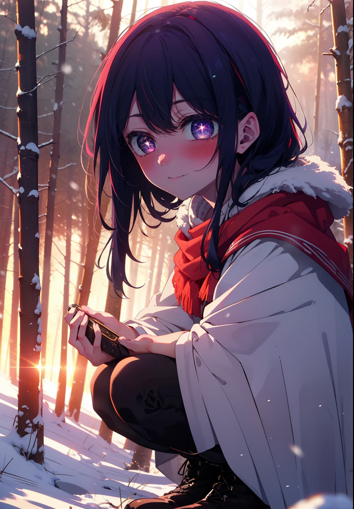 aihoshino, Ai Hoshino, Long Hair, bangs, (Purple eyes:1.1), Purple Hair, (Symbol-shaped pupil:1.5), smile,,smile,blush,white breath,
Open your mouth,snow,Ground bonfire, Outdoor, boots, snowing, From the side, wood, suitcase, Cape, Blurred, , forest, White handbag, nature,  Squat, Mouth closed, Cape, winter, Written boundary depth, Black shoes, red Cape break looking at viewer, Upper Body, whole body, break Outdoor, forest, nature, break (masterpiece:1.2), Highest quality, High resolution, unity 8k wallpaper, (shape:0.8), (Beautiful and beautiful eyes:1.6), Highly detailed face, Perfect lighting, Highly detailed CG, (Perfect hands, Perfect Anatomy),
