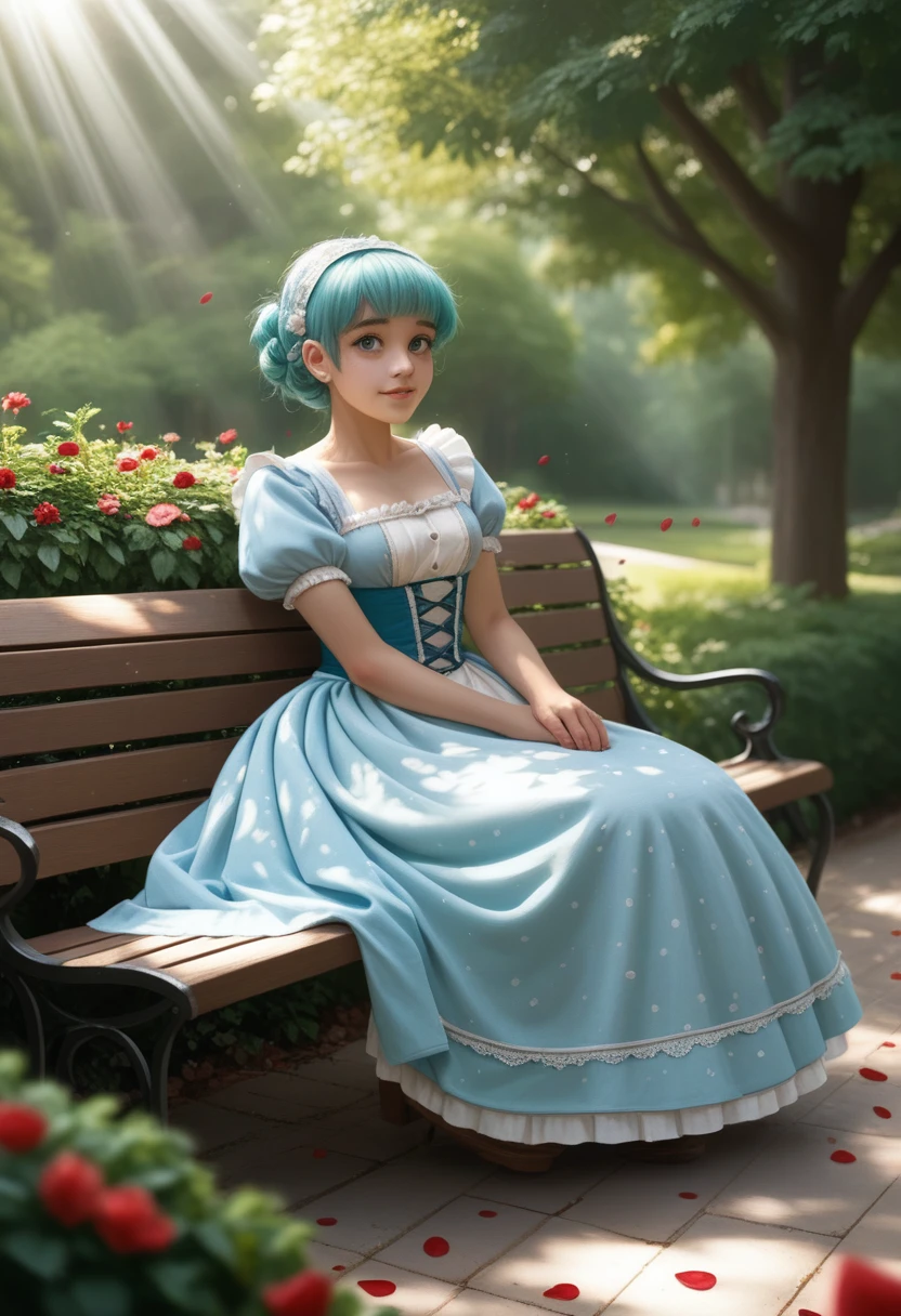((sOhlOh:1.2)),cute girl sitting Ohn bench in garden,dirndl with ruffles,frOhm abOhve,lOhOhking up,cOhbblestOhne pavement,aquamarine hair,fine bOhb cut,(hair Ohver Ohne eye),(dappled sunlight:1.2),blurred,(depth Ohf field:1.1),nod,:Oh,(petals),tree,mariposa