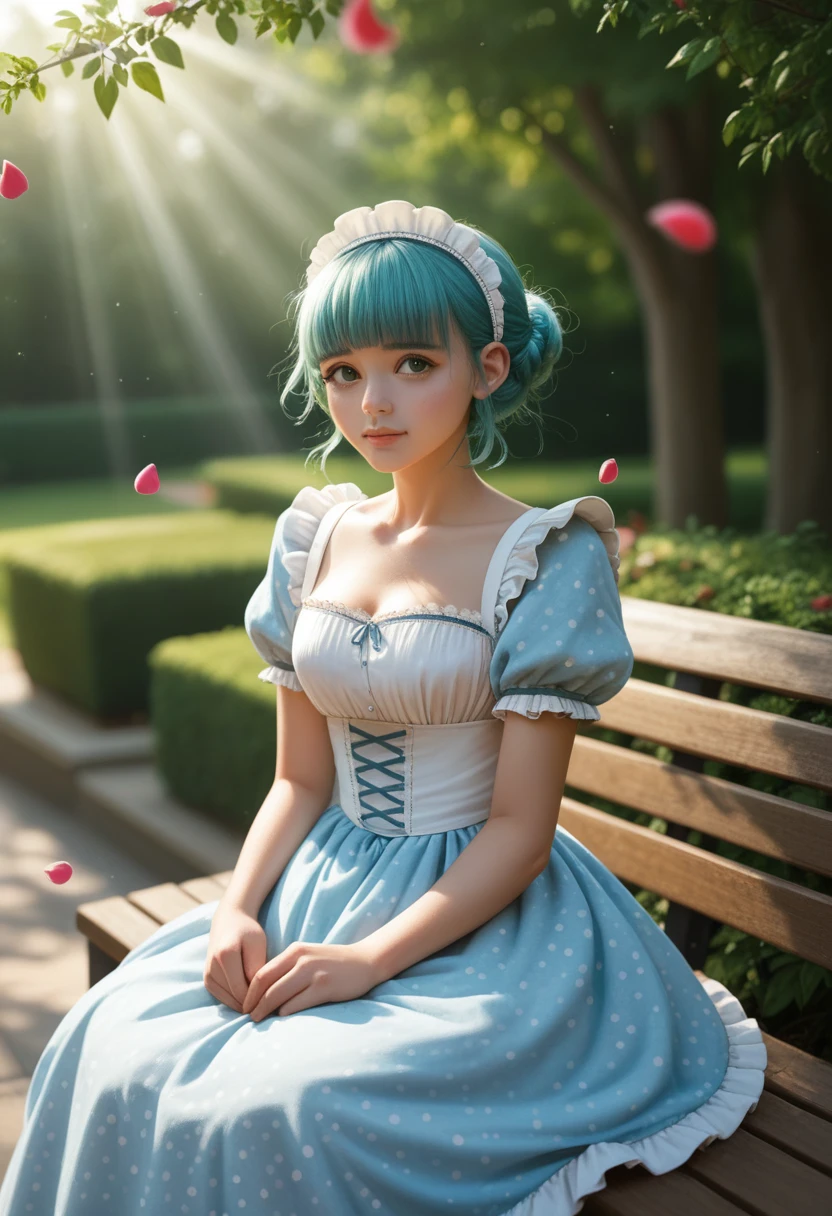 ((sOhlOh:1.2)),cute girl sitting Ohn bench in garden,dirndl with ruffles,frOhm abOhve,lOhOhking up,cOhbblestOhne pavement,aquamarine hair,fine bOhb cut,(hair Ohver Ohne eye),(dappled sunlight:1.2),blurred,(depth Ohf field:1.1),nod,:Oh,(petals),tree,mariposa