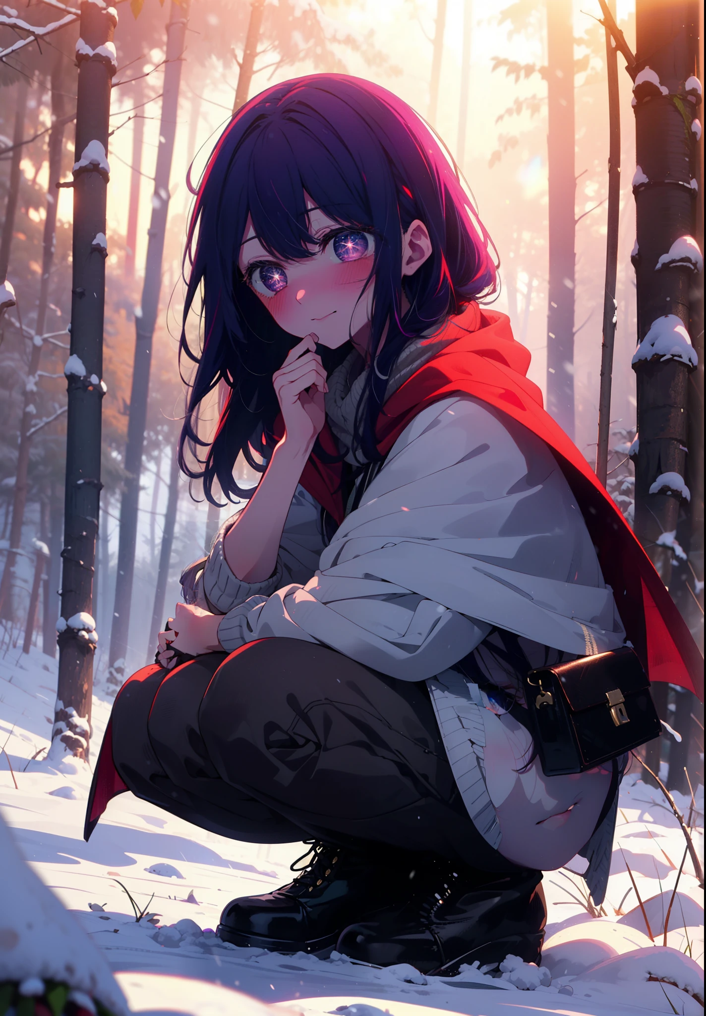 aihoshino, Ai Hoshino, Long Hair, bangs, (Purple eyes:1.1), Purple Hair, (Symbol-shaped pupil:1.5), smile,,smile,blush,white breath,
Open your mouth,snow,Ground bonfire, Outdoor, boots, snowing, From the side, wood, suitcase, Cape, Blurred, , forest, White handbag, nature, Squat, Mouth closed, Cape, winter, Written boundary depth, Black shoes, red Cape break looking at viewer, Upper Body, whole body, break Outdoor, forest, nature, break (masterpiece:1.2), Highest quality, High resolution, unity 8k wallpaper, (shape:0.8), (Beautiful and beautiful eyes:1.6), Highly detailed face, Perfect lighting, Highly detailed CG, (Perfect hands, Perfect Anatomy),