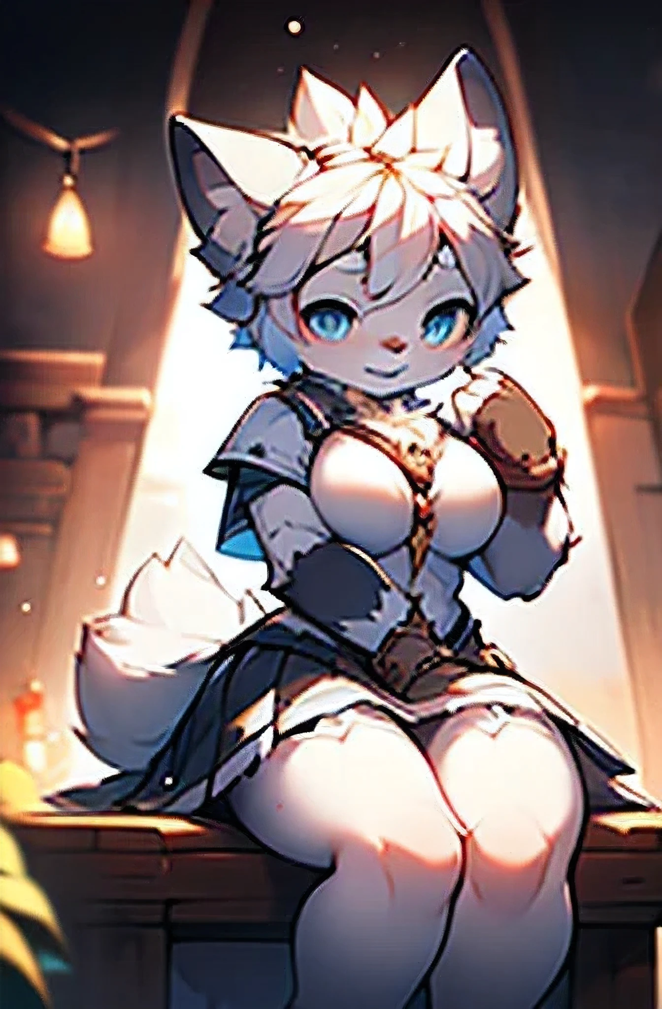 ((shy)),short white haired,( big blue eyes),anthropomorphic sitting furry little wolf,((full body furry)), cute,(head bust close-up),Beautiful lights and shadows,delicate eyes,were white skirt,8k, highres, masterpiece, usharp focus, extreme detail description, professional, vivid colors, bokeh, sexy breasts,breasts focus