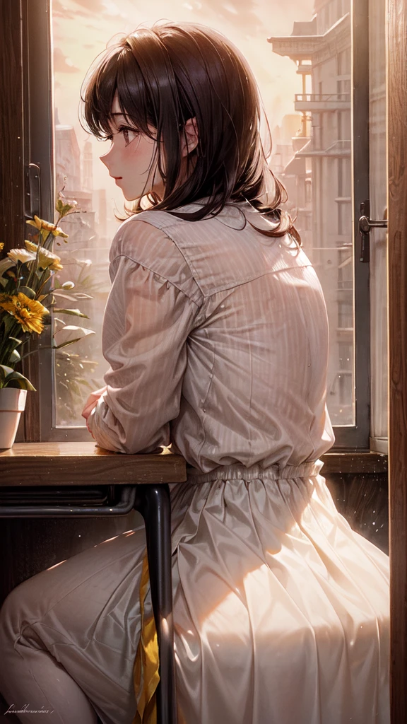 A loving couple occupies a school classroom at dusk, enveloped in the warm glow of sunlight streaming through the windows. The man's strong profile contrasts with the woman's delicate features as they sit close, sharing an intimate moment. This striking photograph captures their connection, the subtle nuances of their expressions, and the sense of tranquility in the room. Every detail is rendered with vivid clarity, making the image truly enchanting to behold.