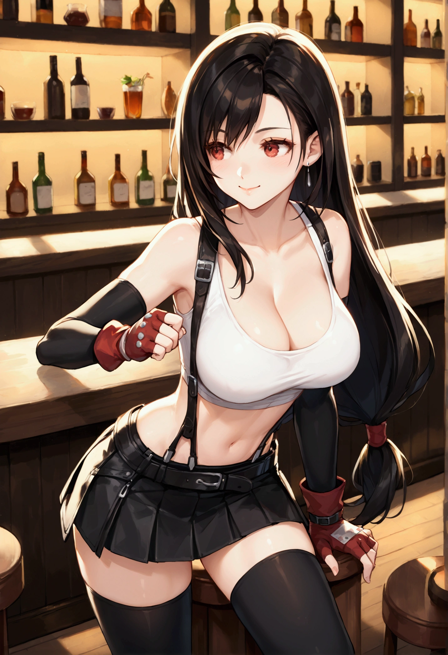 (score_9, score_8_up, score_7_up), BREAK (masterpeace),(best quality),(aesthetic,very aesthetic),1girl, tifa lockhart, final fantasy,(beautiful). black hair, low-tied long hair, red eyes, bangs, white tank top,gap, belt, pleated skirt, thighhighs, elbow fingerless gloves, elbow pads, midriff, navel,suspender skirt.zettai ryouiki ,,(large_breasts:1.3),Solo,upperbody,looking_away, vibrant, joyful,cafe and bar,(Emphasize the cleavage)、 (hands on counter) ,Showcasing cleavage:1.3 ,breast press:1.2 ,counter,(straight-on),breast focus,