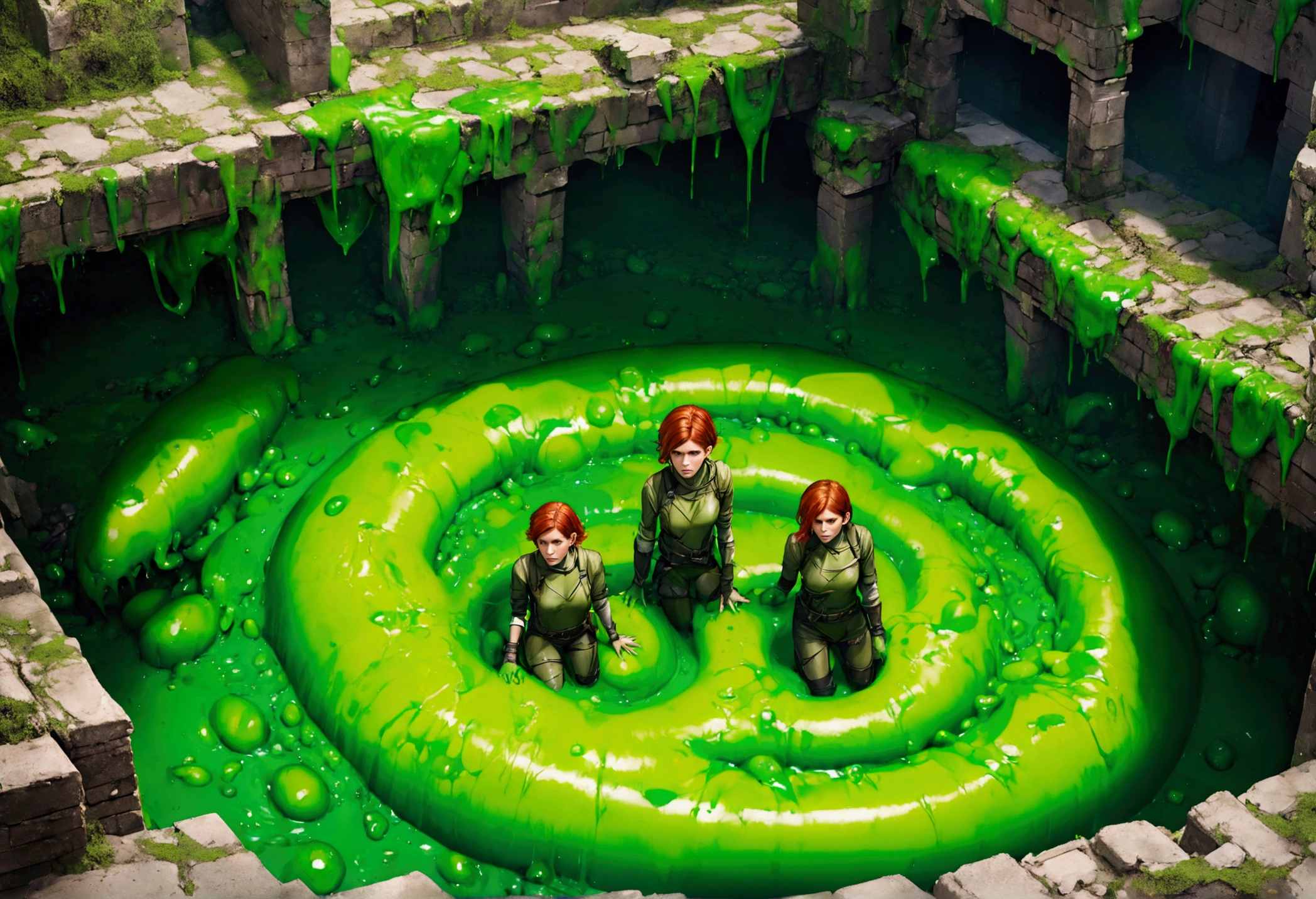 A 25-year-old woman named Kate Mara, wearing a sexy adventurer outfit, has fallen into an ancient ruins slime pit trap, causing a big splash and covering her in slime. Something vicious lurks within the slime.