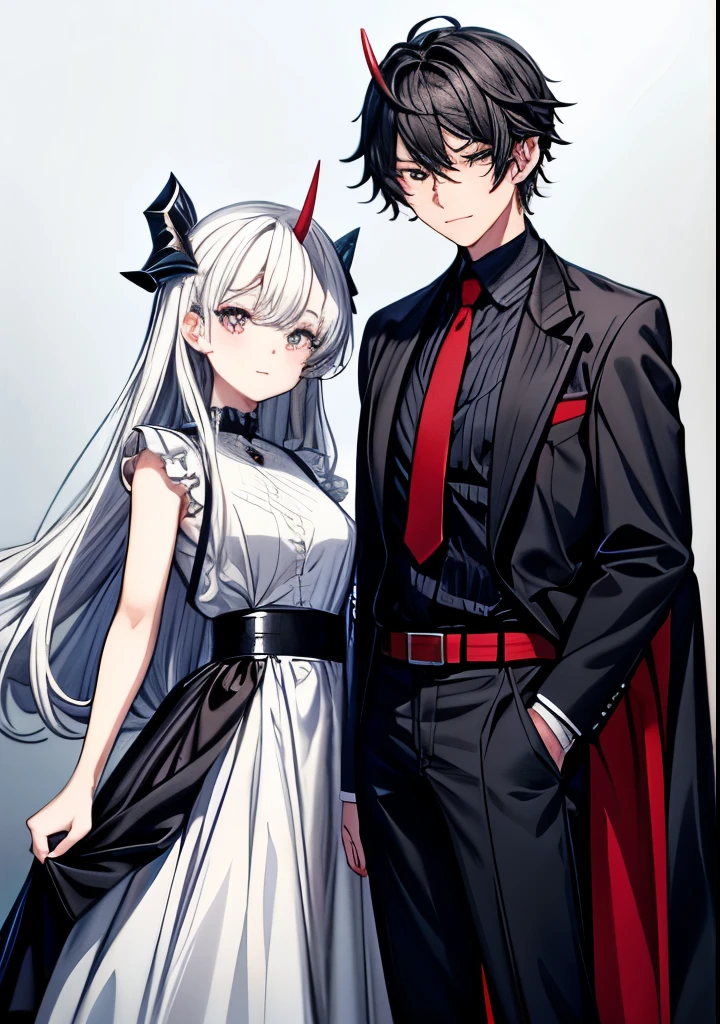 A girl stands on the left, with a slightly smiling expression and his gaze directed forward. Her long orange hair falls softly over her shoulders.. She wears a blue dress with a wide black belt at her waist., that accentuates her slender figure. His right hand is slightly raised, With a relaxed attitude, a boy is on the right, wearing a confident and relaxed expression. He has black and messy hair, with two small horns protruding from its head, which highlights his draconic nature. His visible eye is golden in color and he has a scar on the right side of his face., which gives it a rough look. He wears black armor with gray and white details, and a red tie that adds a touch of color to your outfit. His left hand rests on his hip, while the right one is raised with a casual gesture.