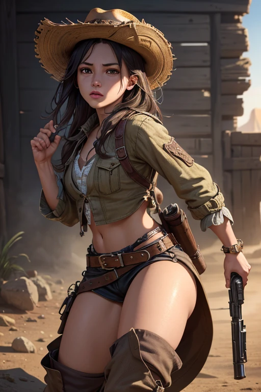 1girl, wild west setting, girl wears wild west Indiana Jones outfit, high boots, cowboy hat, armed with a gun, small breats, detailed face, combat stance, mean look, highly detailed, vibrant appearance, creative behavior, extremly detailed, imaginative, , spontaneous, highest quality, skin texture, intricate details, (cinematic lighting), RAW photo, 8k, masterpiece,best quality,ultra-detailed,very detailed illustrations,extremely detailed,intricate details,highres,super complex details,extremely detailed 8k cg wallpaper,