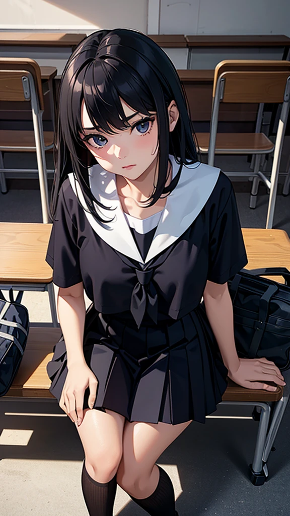 Beautiful attention to detail, Beautiful lip detail, Very detailed目と顔, Long eyelashes, 1 girl, Face close-up, inside the School, In the classroom, 18-year-old, Sweat, Dark skin, (Black Hair Inner Color),dissatisfaction, Sulky, Sailor suit, Dark Blue, White shirt, Short sleeve, School, Dark Blue Skirt, Black Skirt, Knee-high socks, sneakers, School bag, Highest quality, 4K, 8k, High resolution, masterpiece:1.2, Very detailed, Realistic, photoRealistic, photo-Realistic:1.37, High resolution, 超High resolution, Studio Lighting, Ultra-fine painting, Sharp focus, Physically Based Rendering, Very detailed説明, Professional, Vibrant colors, Bokeh, Portraiture