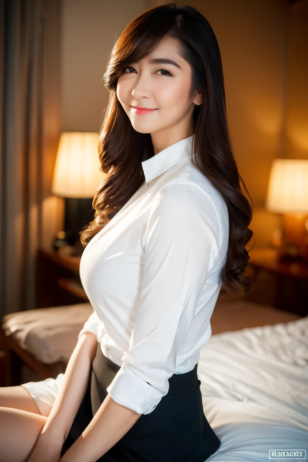 sitting, spread her legs, (white office shirt, black short skirt), black tie, looking at camera, front view, long hair, bangs, (detailed face), at bedroom, tempting pose, potrait body, mouth closed, smiling, black eyes, 1 girl, 20yo,Young female,Beautiful Finger,Beautiful long legs,Beautiful body, Beautiful Nose,Beautiful character design, perfect eyes, perfect face,expressive eyes,perfect balance, (looking at viewer), official art,extremely detailed CG unity 8k wallpaper, perfect lighting,Colorful, Bright_Front_face_Lighting,White skin, (masterpiece:1.0),(best_quality:1.0), ultra high res,4K,ultra-detailed, photography, 8K, HDR, highres, absurdres:1.2, Kodak portra 400, film grain, bokeh:1.2, lens flare, (vibrant_color:1.2),professional photograph, (Beautiful,huge_Breasts:1.4), (beautiful_face:1.5),(narrow_waist)