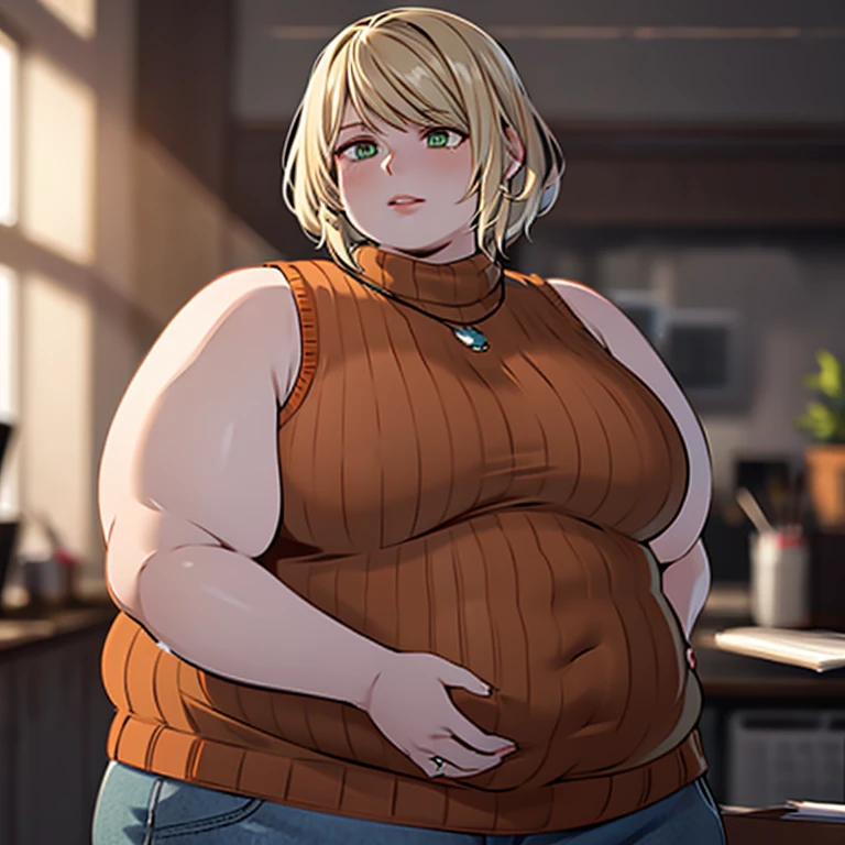 masterpiece , 4K, high quality, perfect anatomy, obese 1girl, blurry, photo_\(medium\), realistic, short_hair, sleeveless, solo, looking_at_viewer, obese body, blonde_hair, shirt, bare_shoulders, jewelry, green_eyes, upper_body, parted_lips, necklace, sweater, lips, turtleneck, bob_cut, sleeveless_turtleneck, orange_shirt, obese Ashley, 3d,