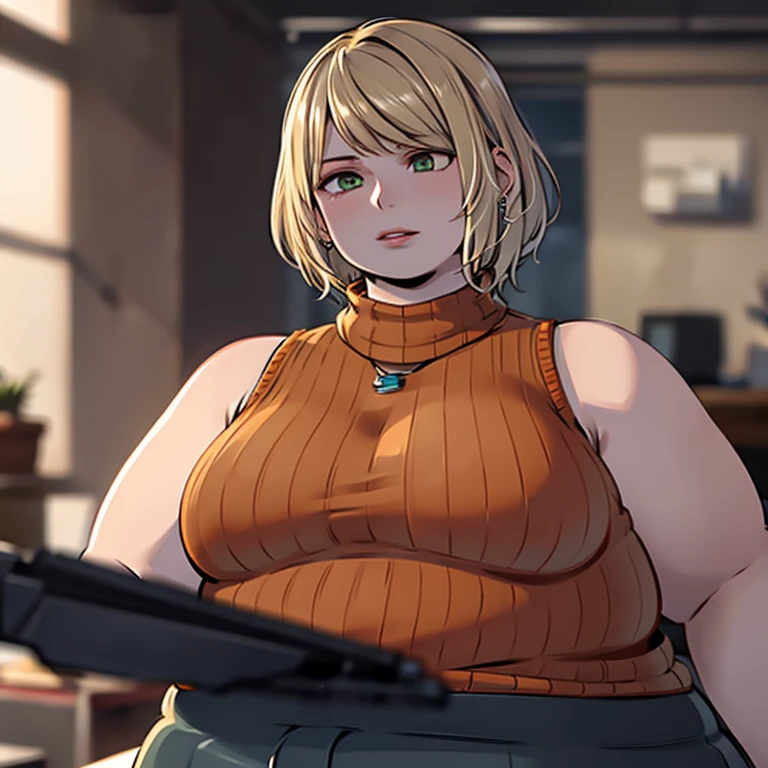 masterpiece , 4K, high quality, perfect anatomy, obese 1girl, blurry, photo_\(medium\), realistic, short_hair, sleeveless, solo, looking_at_viewer, obese body, blonde_hair, shirt, bare_shoulders, jewelry, green_eyes, upper_body, parted_lips, necklace, sweater, lips, turtleneck, bob_cut, sleeveless_turtleneck, orange_shirt, obese Ashley, 3d,