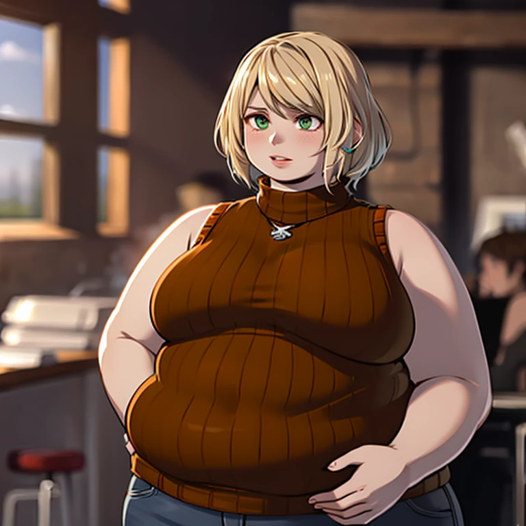 masterpiece , 4K, high quality, perfect anatomy, obese 1girl, blurry, photo_\(medium\), realistic, short_hair, sleeveless, solo, looking_at_viewer, obese body, blonde_hair, shirt, bare_shoulders, jewelry, green_eyes, upper_body, parted_lips, necklace, sweater, lips, turtleneck, bob_cut, sleeveless_turtleneck, orange_shirt, obese Ashley, 3d,