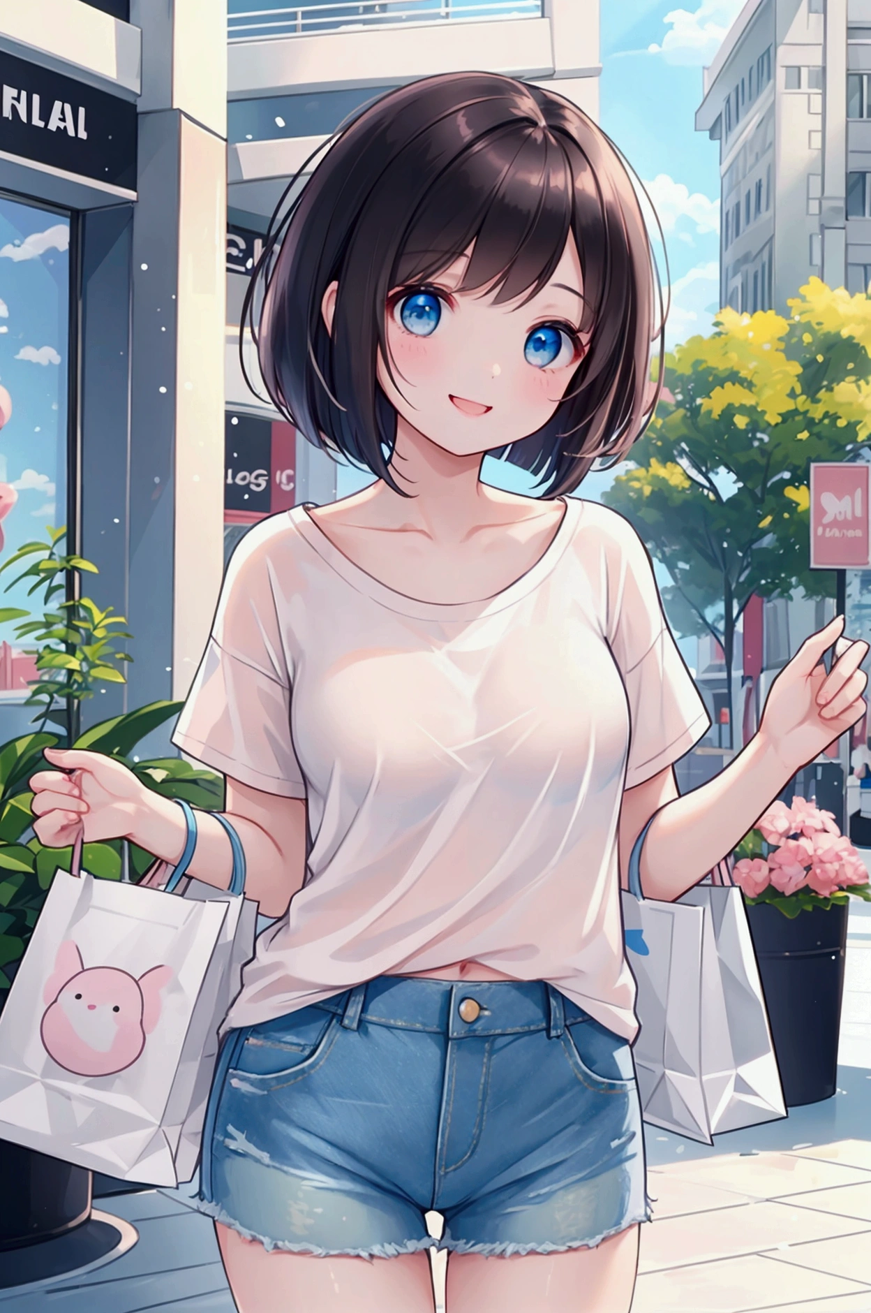 Photorealistic、Highest quality、Highest Resolution、Highest quality、8K、One beautiful woman、Cute face、Bob cut hair、Dark Hair Color、Pale blue eyes、Beautiful breasts、A cute light pink T-shirt、Light blue denim shorts、Shopping mall、looks fun、smile、