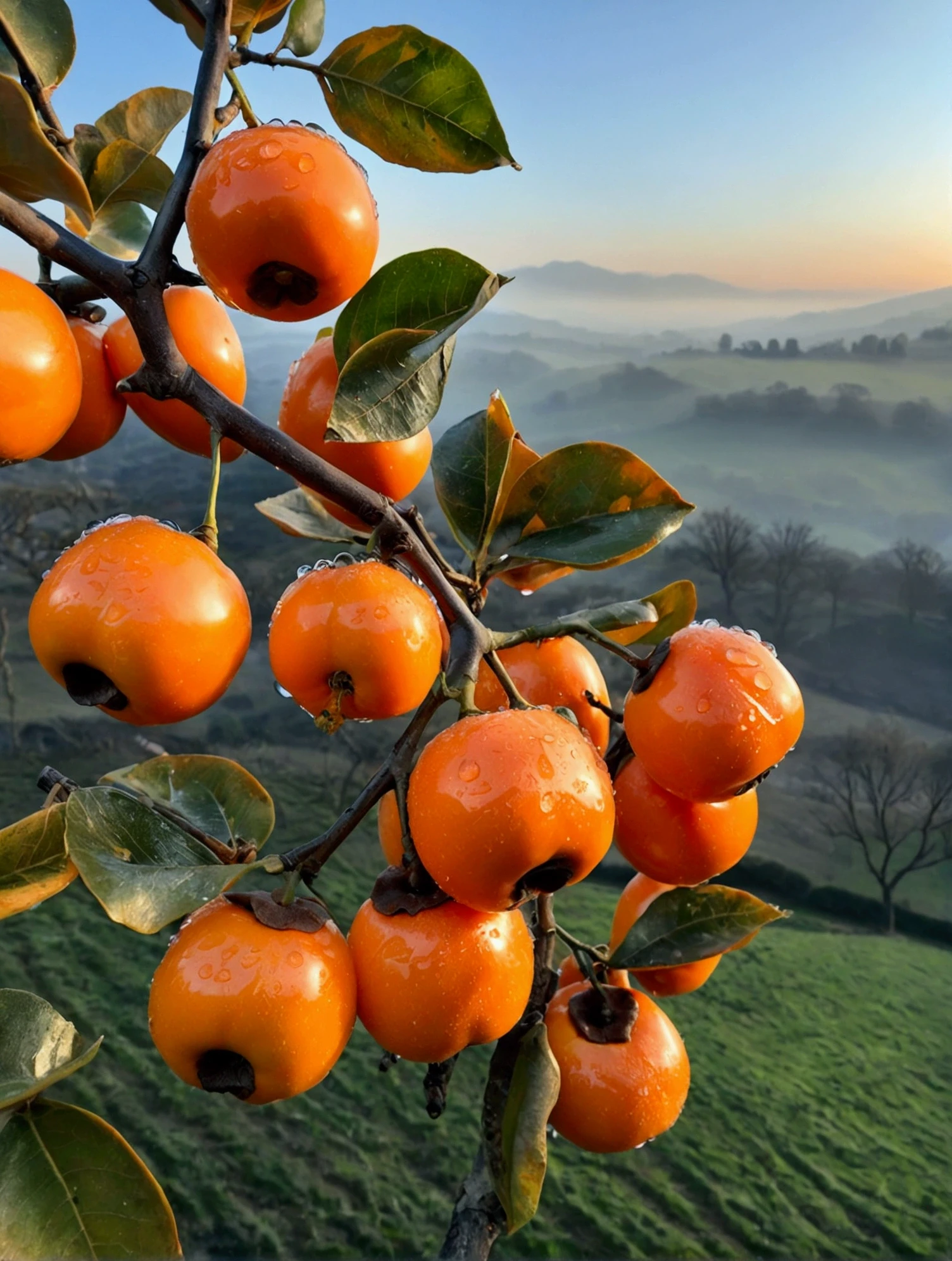 Persimmons hanging on the persimmon tree are all covered with water drops,The background is a misty valley with sunset glow,Real photography,Picture life,Real and natural,best quality, high resolution,masterpiece,High Detail