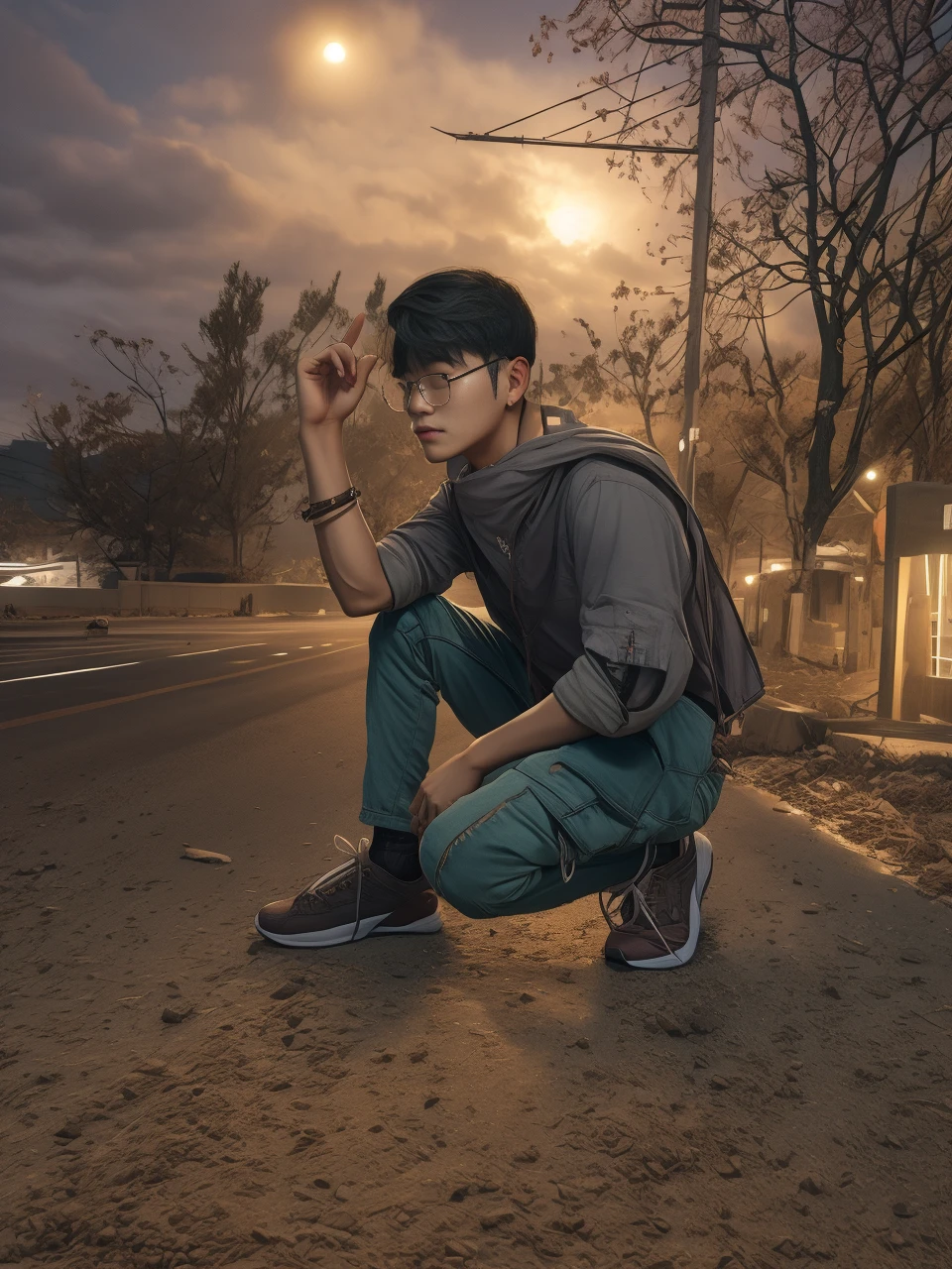 RAW photo, a portrait photo of 21 y.o man in casual clothes, night, city street, (high detailed skin:1.2), 8k uhd, dslr, soft lighting, high quality, film grain, Fujifilm XT3