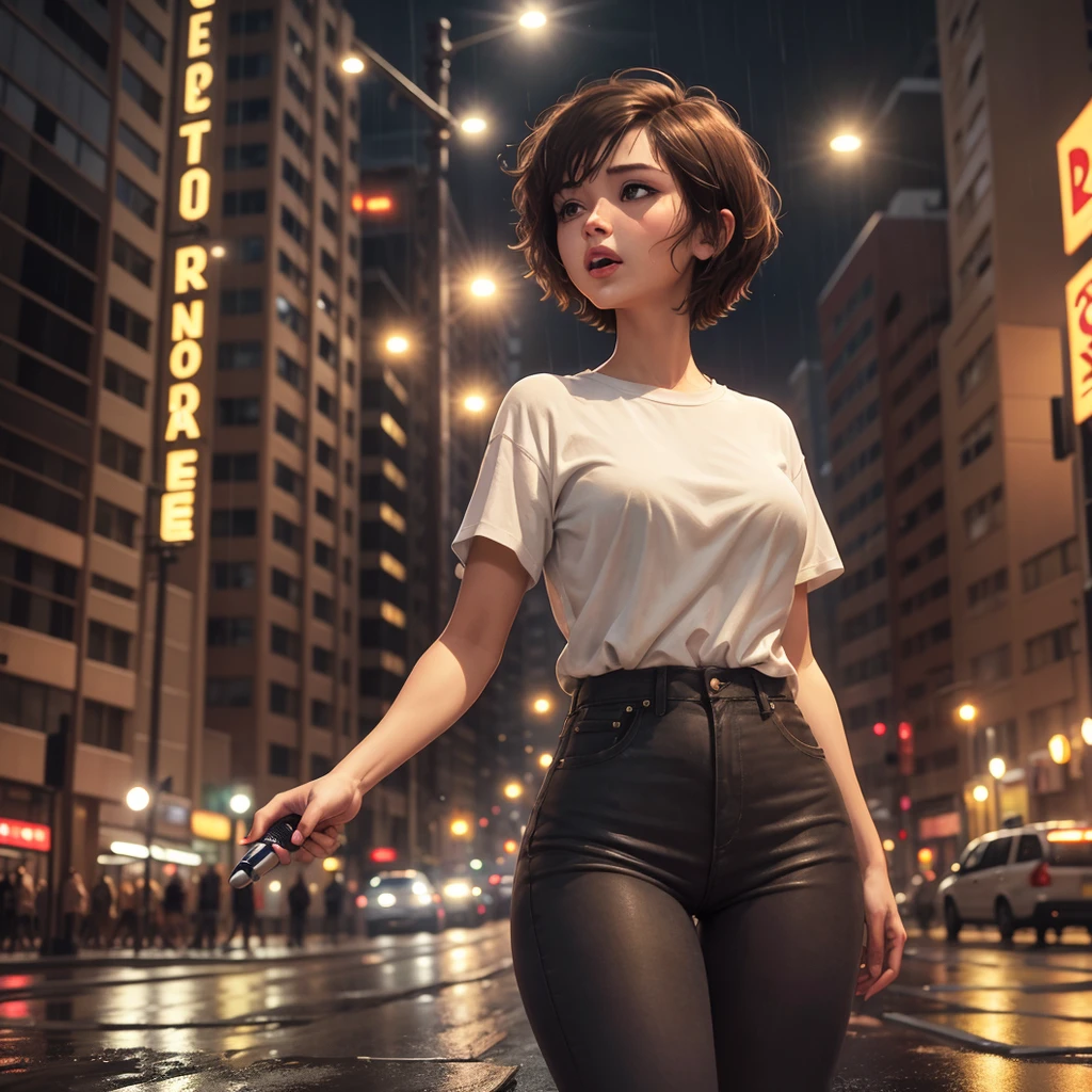 "Short-haired woman with brown bob hair, wearing a white shirt and wide-leg black jeans, singing with a microphone held high in the middle of a city street lined with buildings on a rainy night."