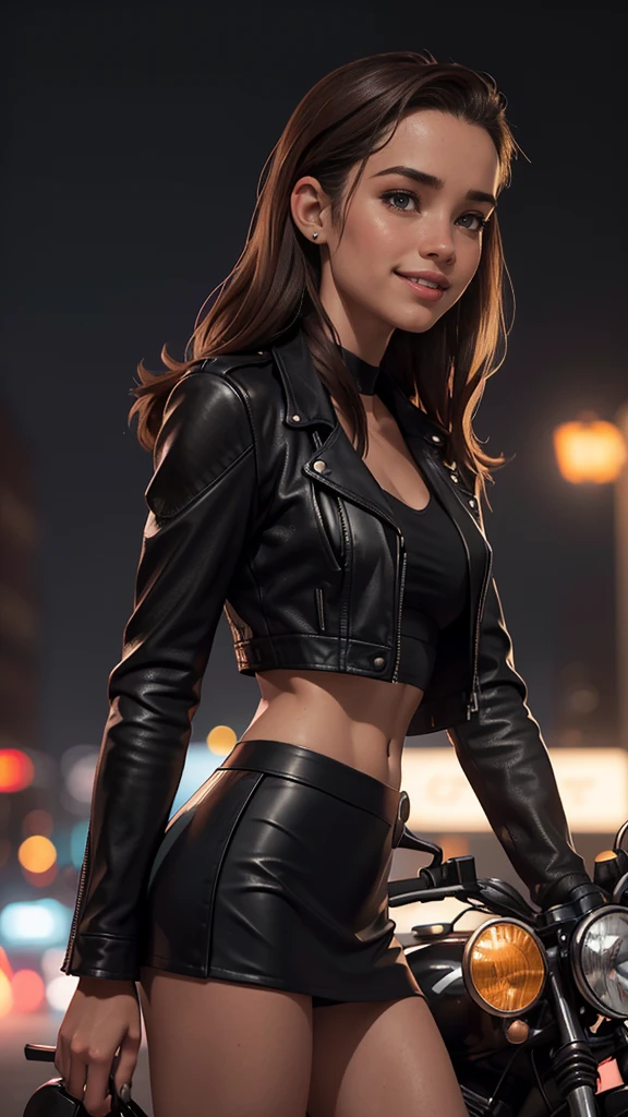 Foto hiperrealista en primer plano de Willa Fitzgerald, masterpiece, best quality, (photorealistic:1.4), (black biker jacket over black crop top:1.1), (black leather mini skirt:1.2) night street after rain, neons, cinematic light, beautiful woman, skinny, small breasts, straight brown hair, detailed face, smile, photo taken from a distance, age 20 tears old