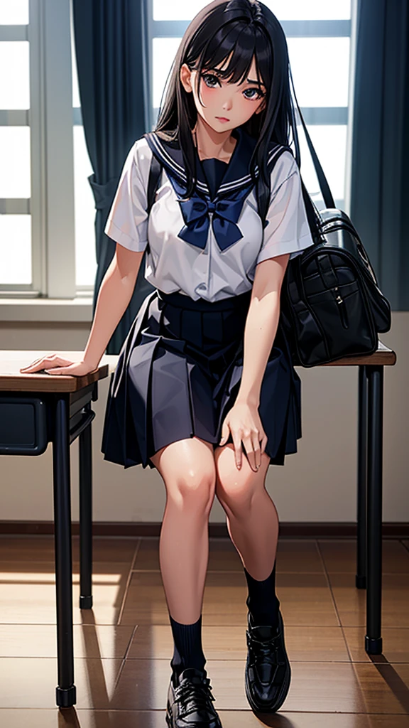 Beautiful attention to detail, Beautiful lip detail, Very detailed目と顔, Long eyelashes, 1 girl, Face close-up, inside the School, In the classroom, 18-year-old, Sweat, Dark skin, (Black hair balayage),dissatisfaction, Sulky, Sailor suit, Dark Blue, White shirt, Short sleeve, School, Dark Blue Skirt, Black Skirt, Knee-high socks, sneakers, School bag, Highest quality, 4K, 8k, High resolution, masterpiece:1.2, Very detailed, Realistic, photoRealistic, photo-Realistic:1.37, High resolution, 超High resolution, Studio Lighting, Ultra-fine painting, Sharp focus, Physically Based Rendering, Very detailed説明, Professional, Vibrant colors, Bokeh, Portraiture