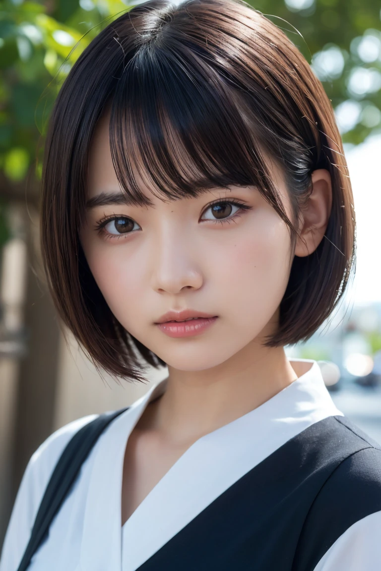 ((Highest quality、8k、masterpiece:1.3))、Beautiful woman、One Girl、(Cute baby turtle)、Slim Abs:1.1、White Button Down Blouse、((short hair))、Detailed facial features、Highly detailed lips、Detailed eyes、double eyelid、(Neat bangs.1.3)、Dark brown hair、Large Eyes、Seductive lips、The corners of the mouth turn up、black eye、street、cute asian face, Beautiful Japanese girl face, Short fine hair，With bangs,, Shirahime cut hairstyle、Narrow eyes、(A grown-up 30-year-old)、