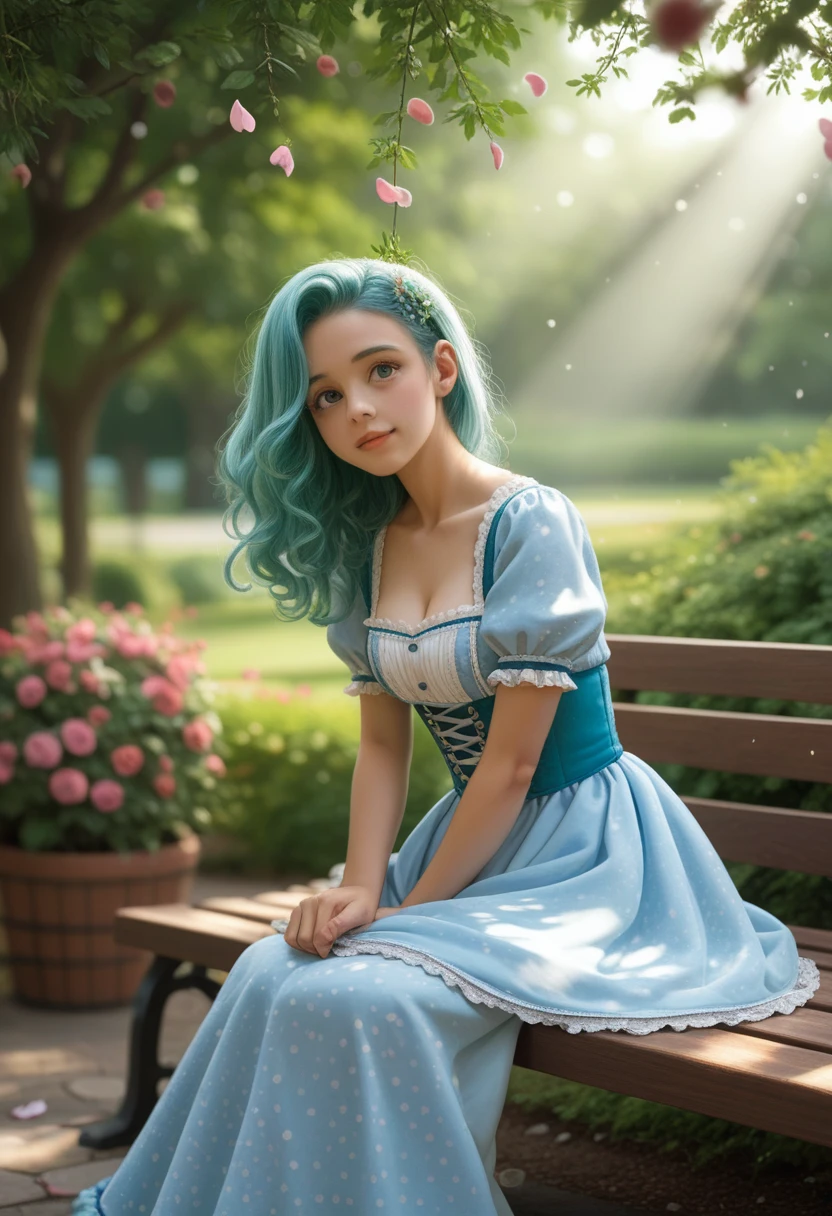 ((sOhlOh:1.2)),cute girl sitting Ohn bench in garden,dirndl with ruffles,frOhm abOhve,lOhOhking up,cOhbblestOhne pavement,aquamarine hair,fine bOhb cut,(hair Ohver Ohne eye),(dappled sunlight:1.2),blurred,(depth Ohf field:1.1),nod,:Oh,(petals),tree,mariposa