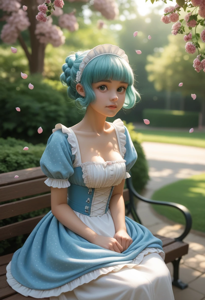 ((sOhlOh:1.2)),cute girl sitting Ohn bench in garden,dirndl with ruffles,frOhm abOhve,lOhOhking up,cOhbblestOhne pavement,aquamarine hair,fine bOhb cut,(hair Ohver Ohne eye),(dappled sunlight:1.2),blurred,(depth Ohf field:1.1),nod,:Oh,(petals),tree,mariposa