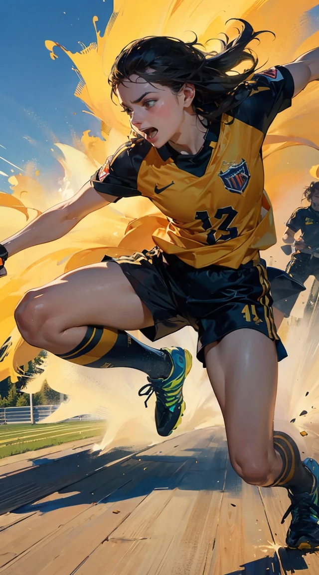 (sharper image, 4k, ultra hd, best quality, masterpiece, perfect face, beautiful and aesthetic:1.2), colorful, dynamic angle, highest detailed face) high detail background, realistic background, full body, On a vast soccer field with two teams of soccer, a girl charges towards the goal with the ball, her face reflecting her passion and determination  in different action scenes, from intense battles to joyous moments, with dramatic lines of speed and bold sound effects, capturing the excitement and energy of the story, palm laser beams, Attack forward with the palm of your hand, Yellowstone Park, Grand Canyon,